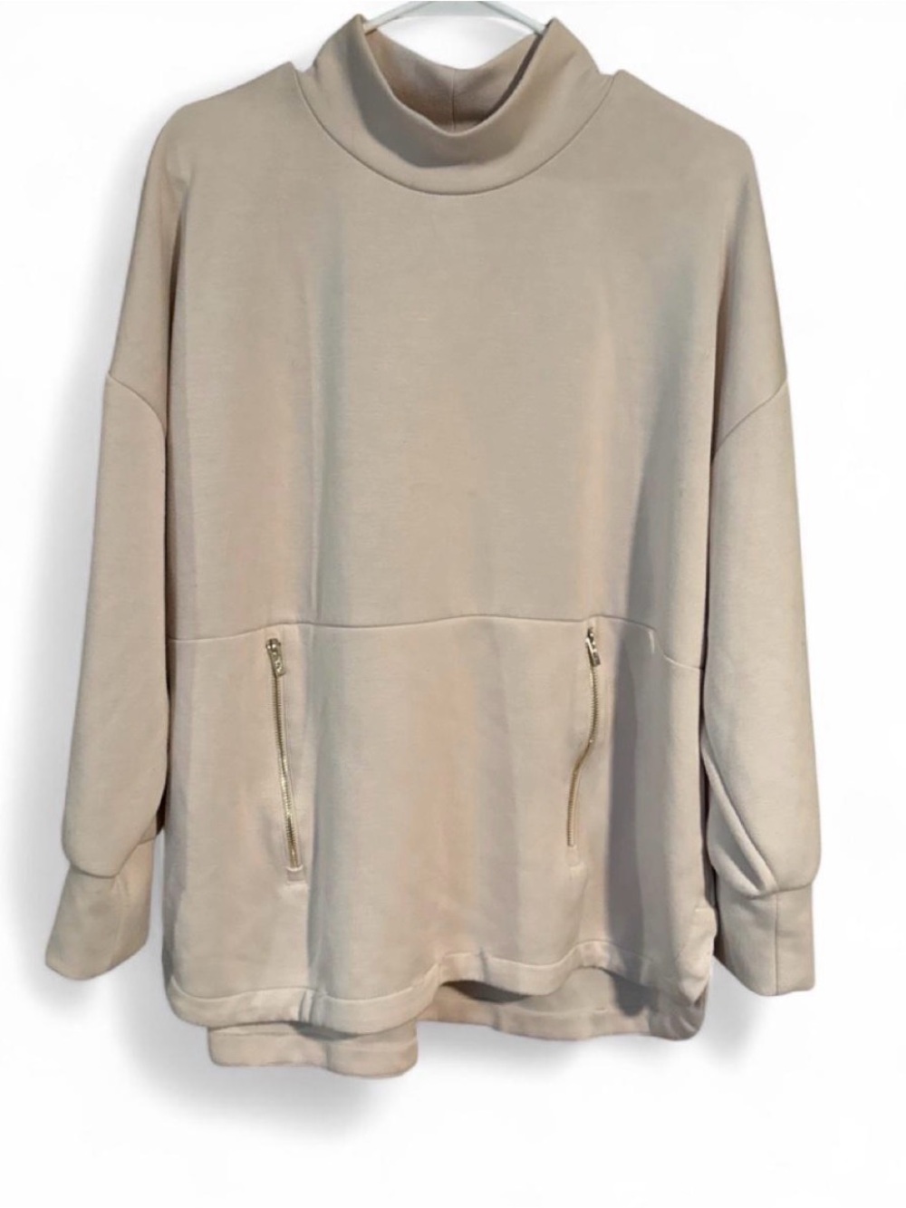 Elie Tahari Neutral Cream Zip Pocket Mock Neck Pullover